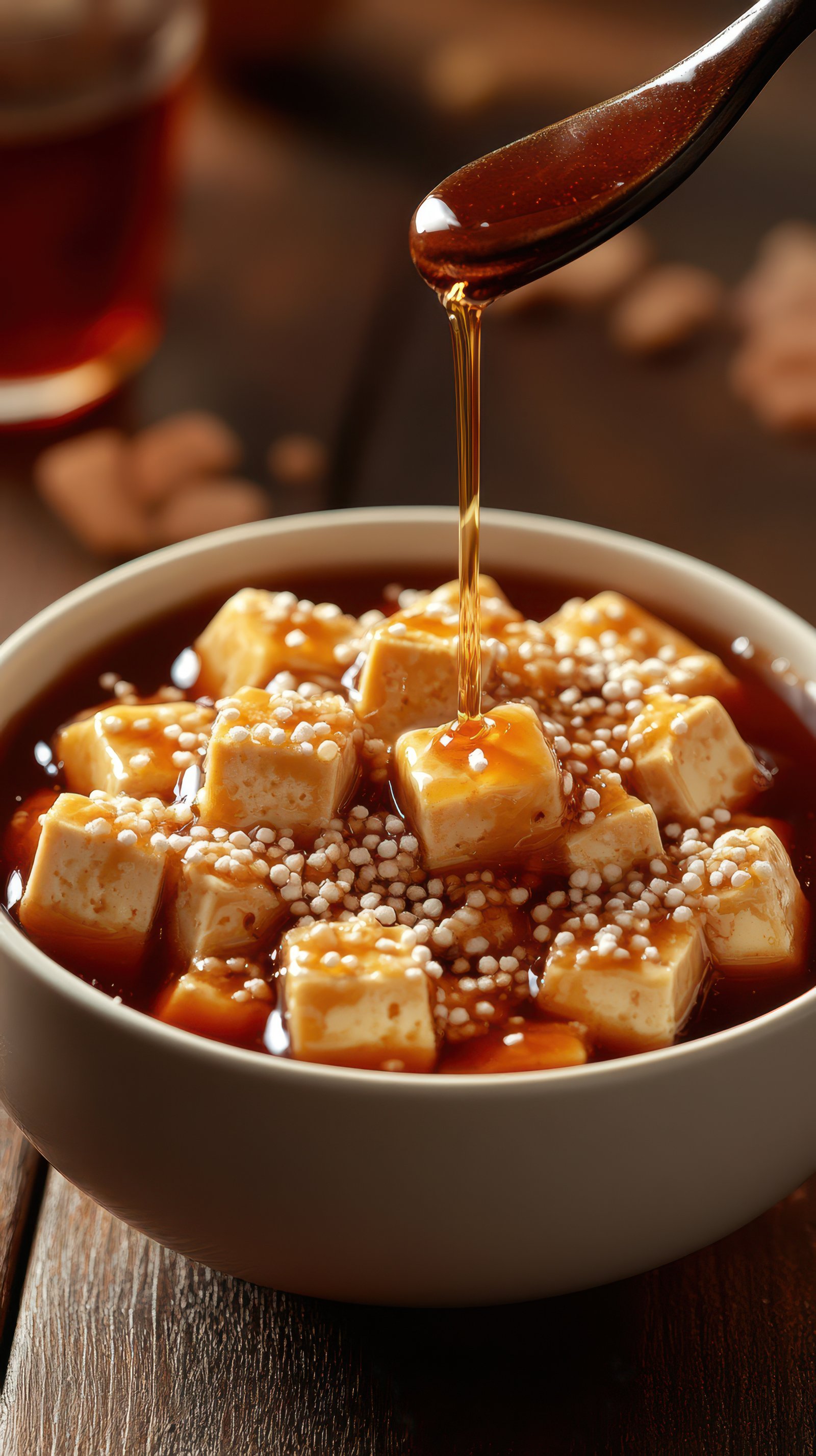 Delicious dessert featuring silky tofu in sweet syrup with sesame seeds served in a cozy setting